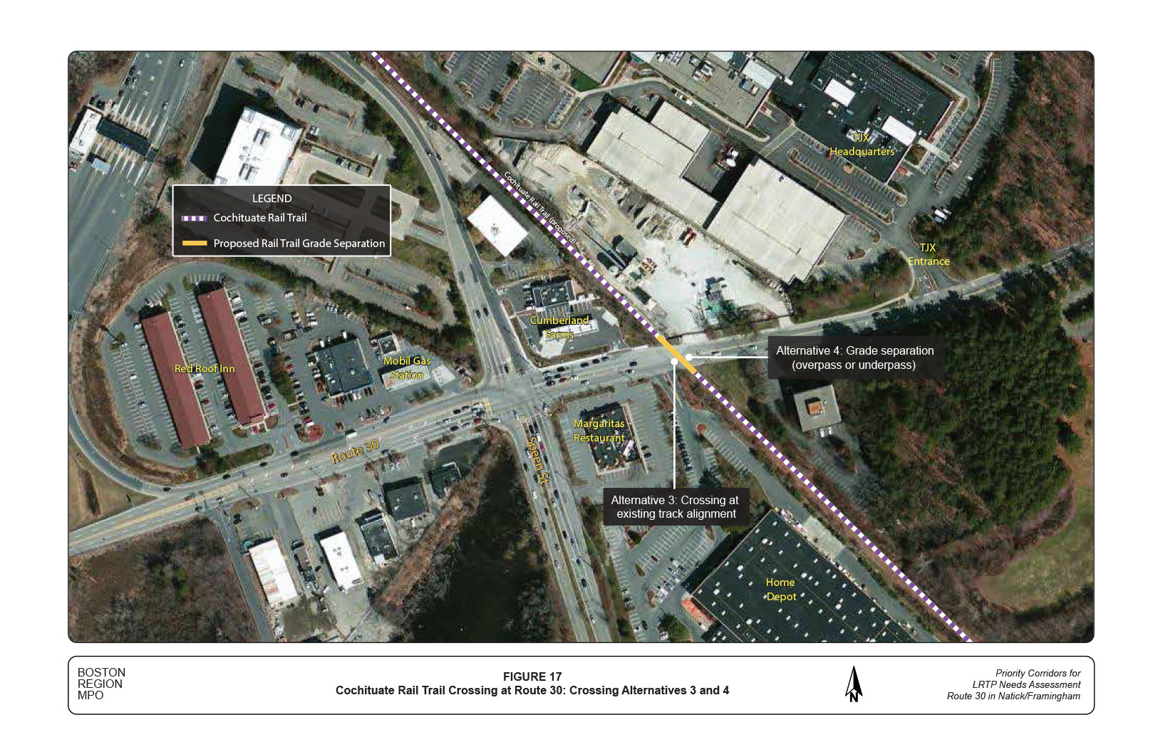 FIGURE 17. Aerial-view map that illustrates the Cochituate Rail Trail crossing at “Alternative 3” (the existing track alignment), and at “Alternative 4” (a pedestrian bridge).